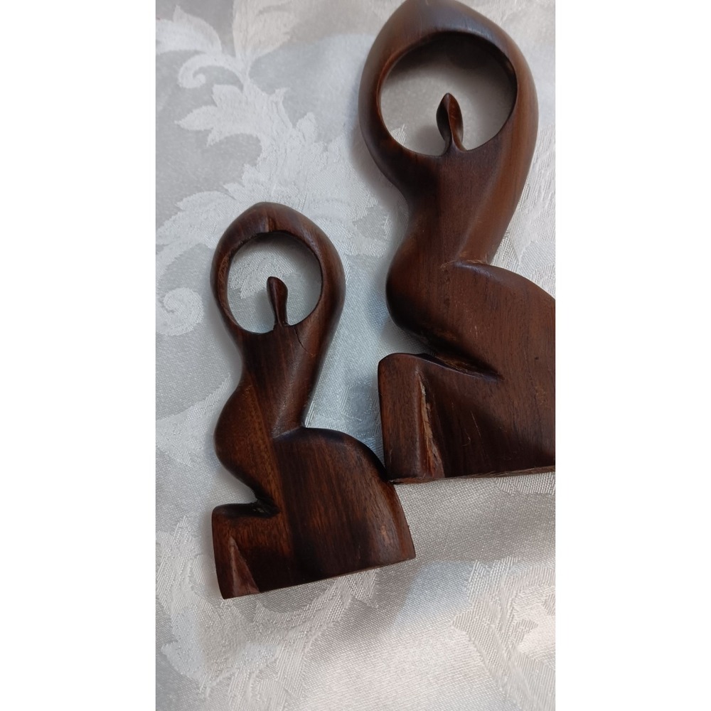 2 Vintage MCM Teak Wood Abstract Sculpture Kneeling Female Pray Child Praise